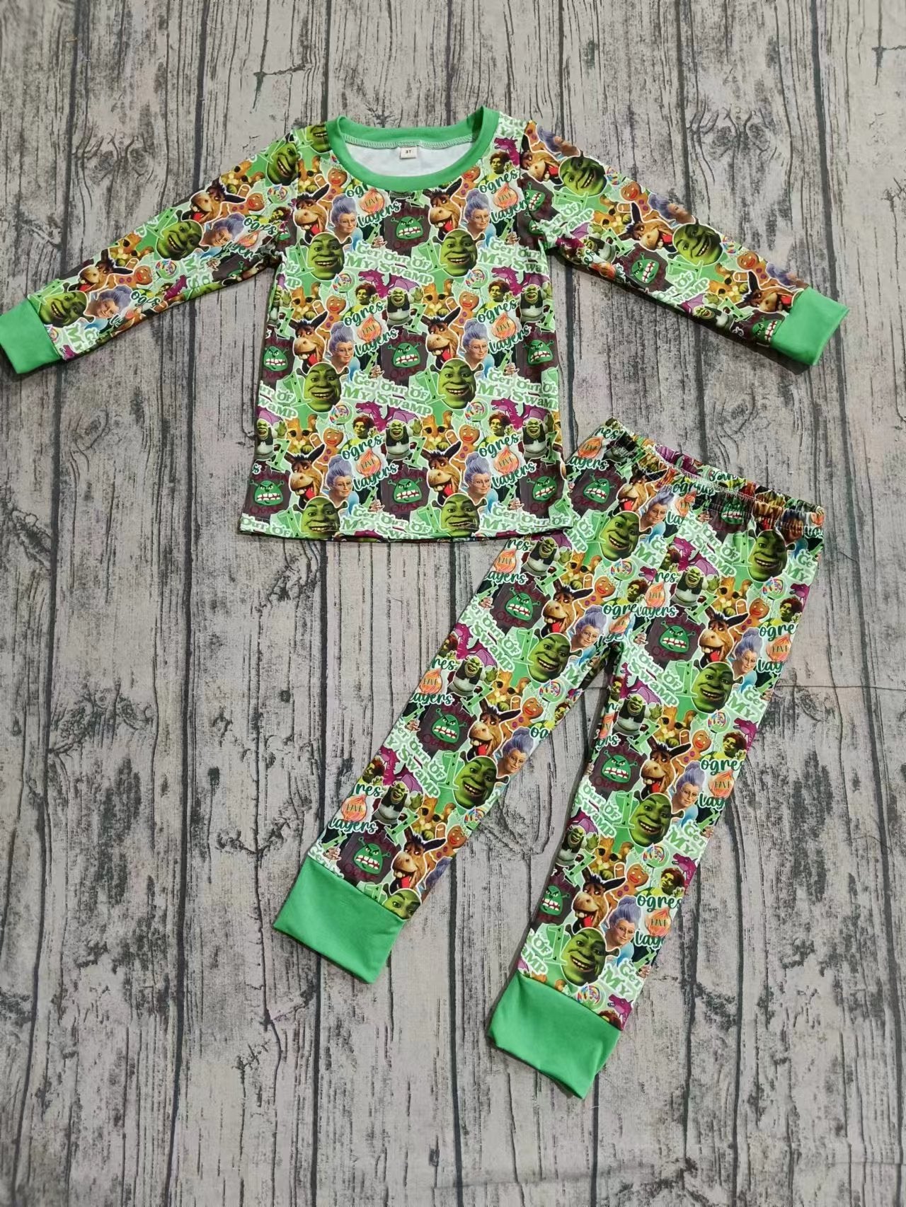 Baby Boy Long Sleeves Cartoon Shirt Pants Green Pajamas Christmas Set Moq 5