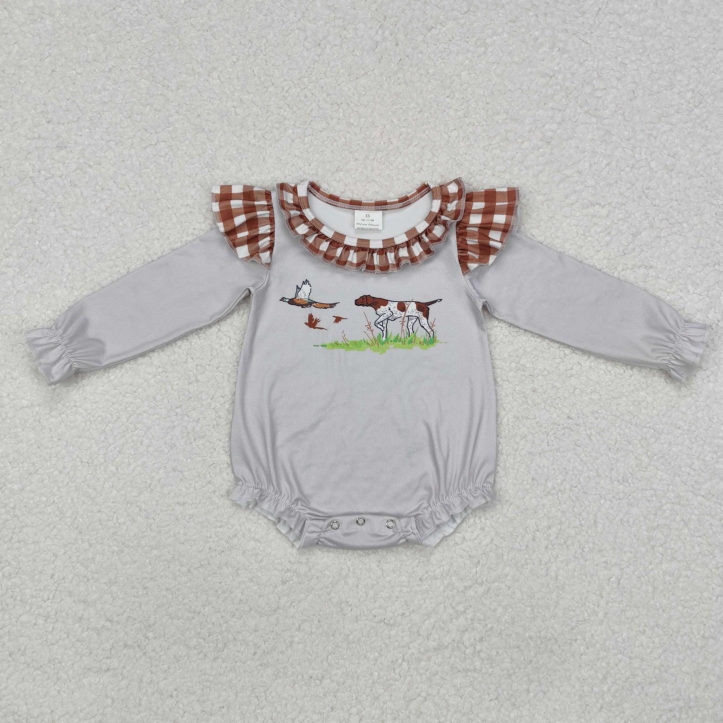 Baby Girl Infant Long Sleeves Dog Duck Hunting Grey Bubble Romper