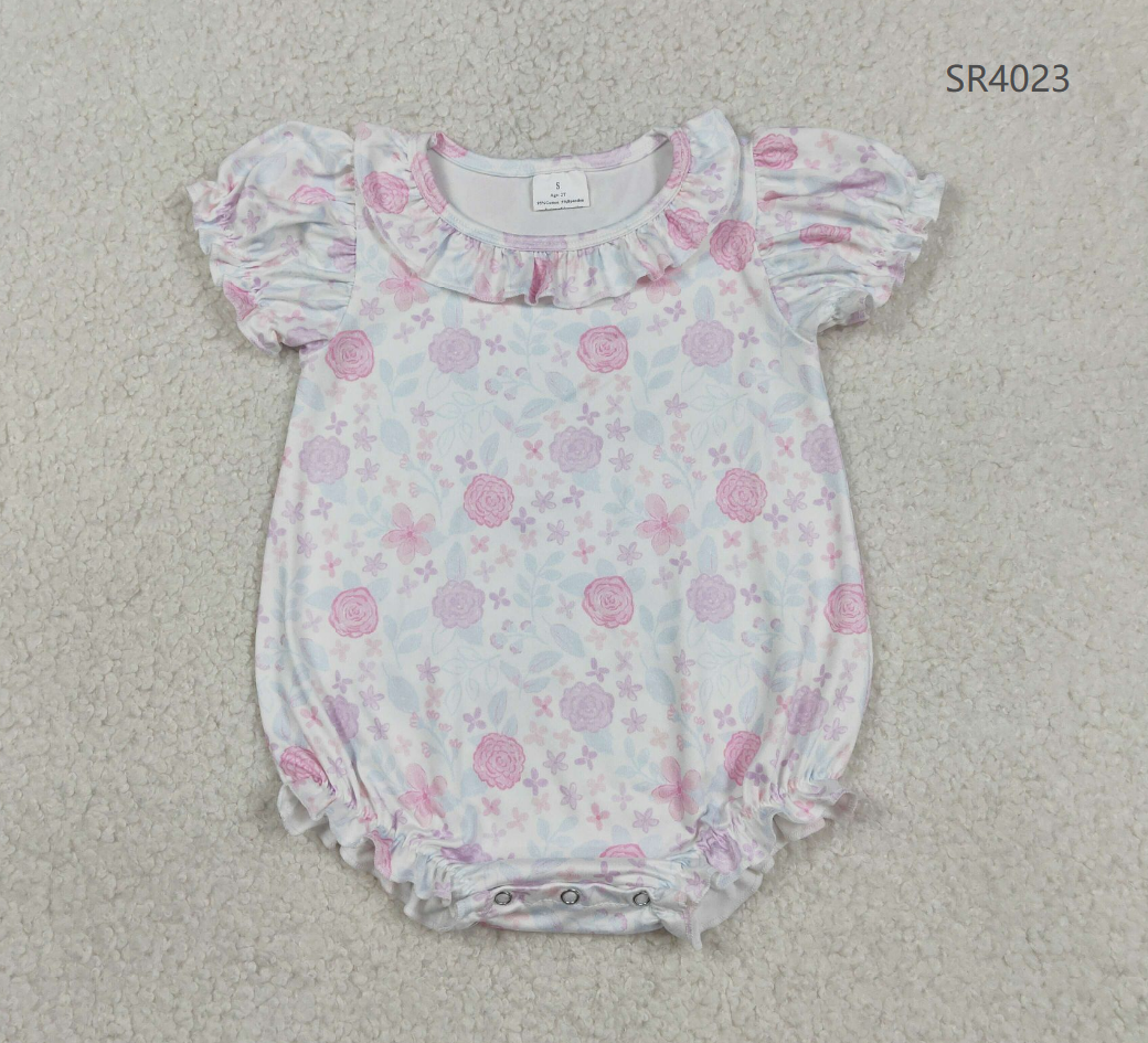 Baby Girls Infant Short Sleeves Purple Pink Flower Ruffle Romper RTS