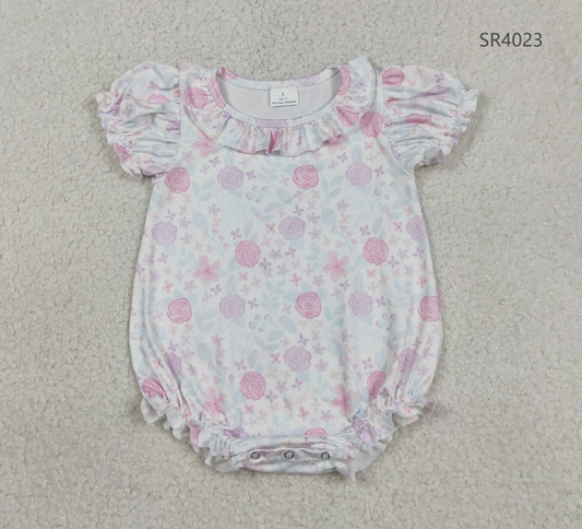Baby Girls Infant Short Sleeves Purple Pink Flower Ruffle Romper RTS
