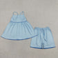 Baby Girls Kids Straps Blue Plaid Tunic Shorts Summer Clothes Set RTS