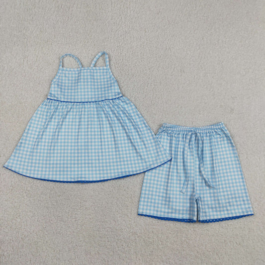 Baby Girls Kids Straps Blue Plaid Tunic Shorts Summer Clothes Set RTS