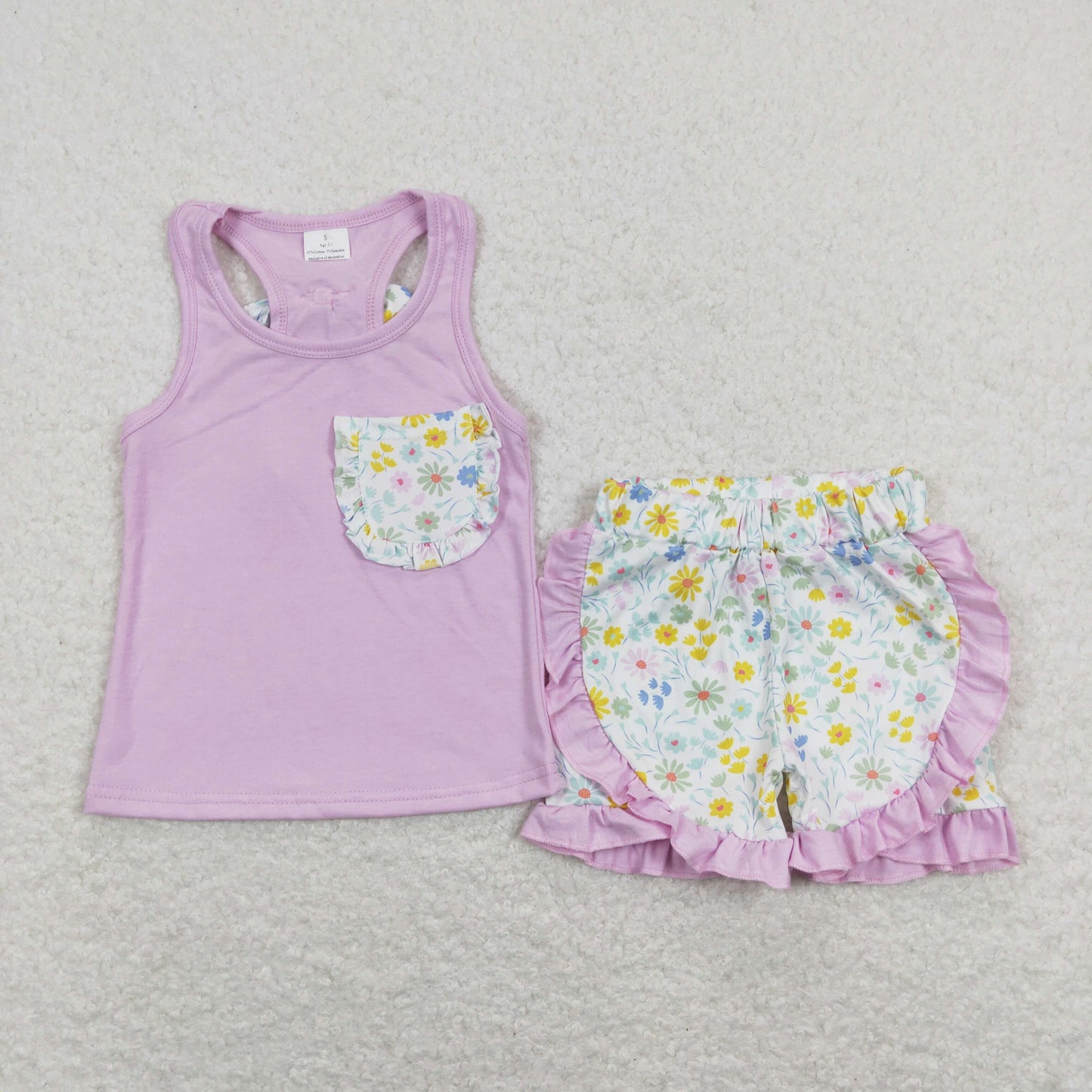 GSSO0511 Baby Girl Purple Sleeveless Vest Shirts Floral Ruffle Shorts Set