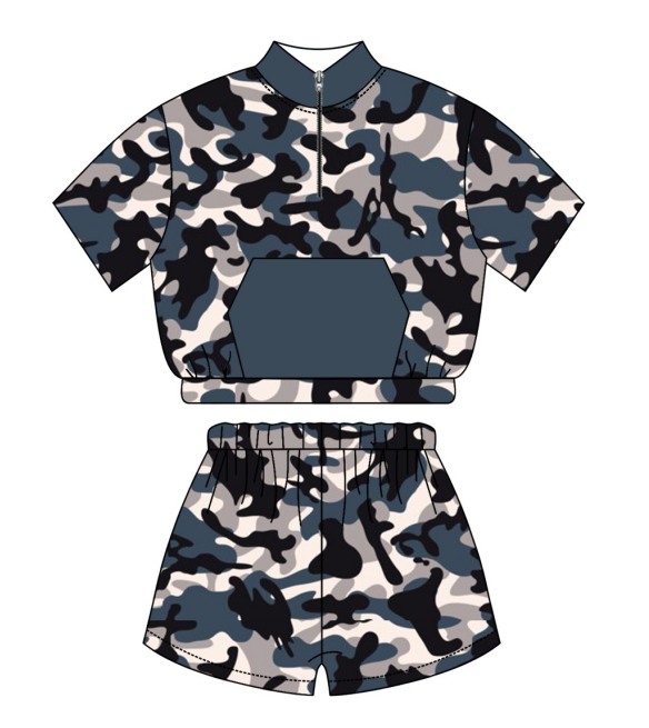 Baby Boy Sibling Grey Blue Camo Green Shirt Romper Set Moq 5