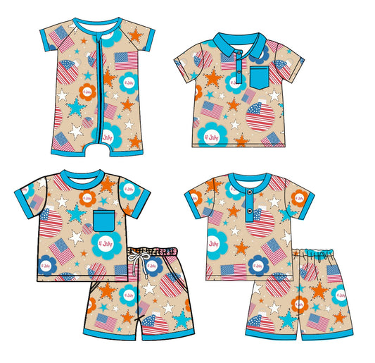 Baby Boy Short Sleeves Stars Flags Sibling Romper Shirt Set ( Moq 5 Each Style ) 3.3