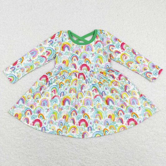 GLD0495 Baby Girl Long Sleeves St. Patrick's Day Rainbow Twirl Dress