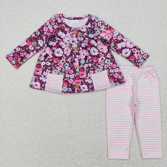 GLP0995 Baby Girl Long Sleeves Floral Pocket Tunic Pink Stripes Pants Outfit