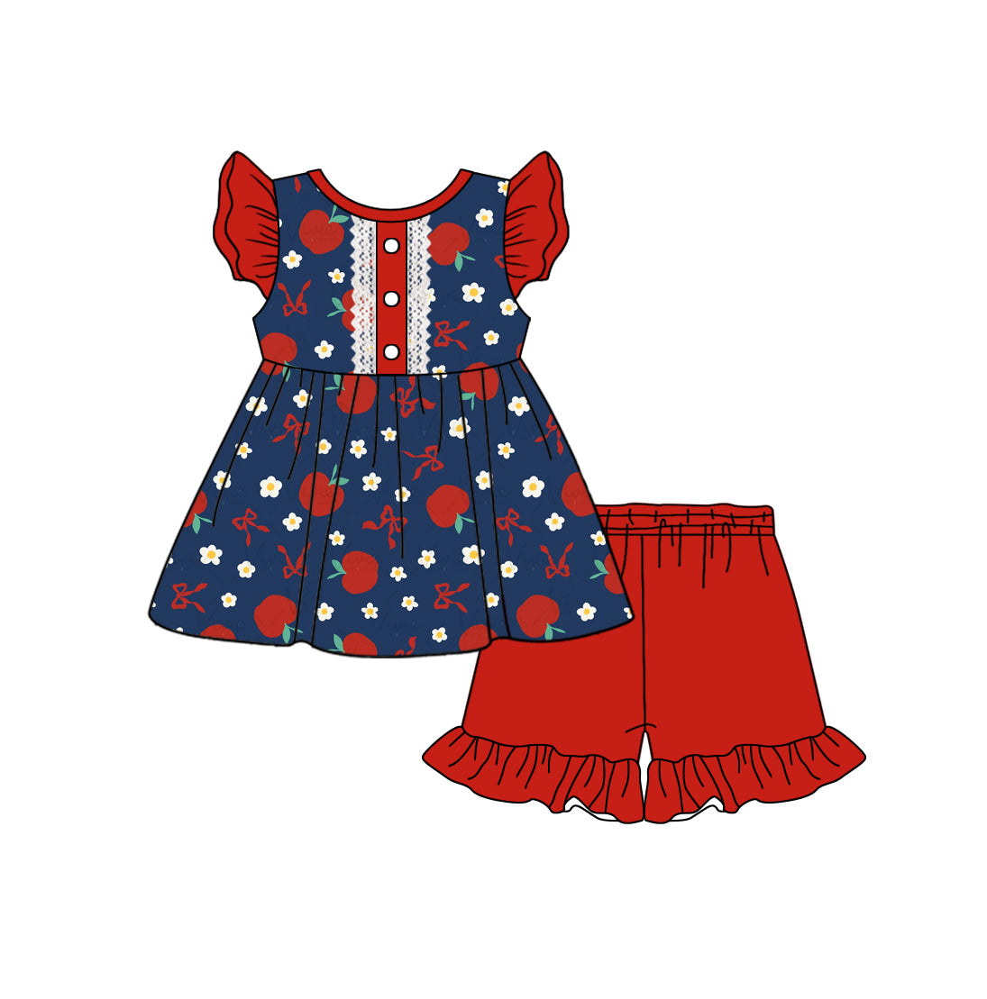Baby Girl Toddler Short Sleeves Apple Flower Bows Tunic Red Shorts Clothes Set Moq 5 (11.30)