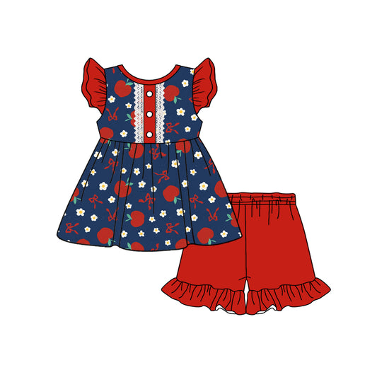 Baby Girl Toddler Short Sleeves Apple Flower Bows Tunic Red Shorts Clothes Set Moq 5 (11.30)