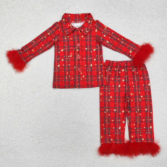 Baby Girl Christmas Fur Long Sleeves Buttons Shirt Pants Pajamas Plaid Stars Red Set