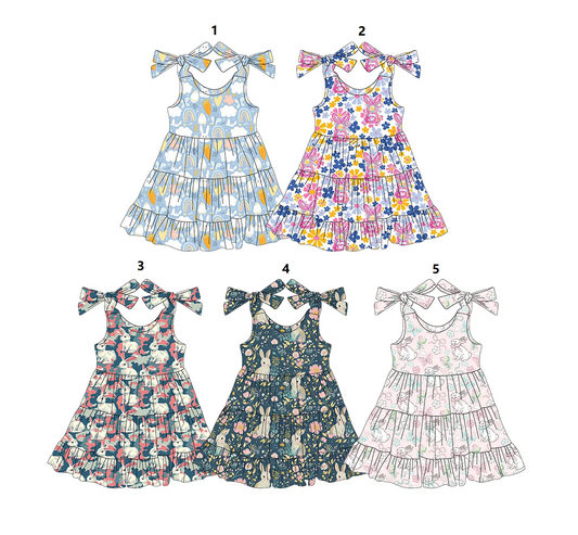 ( Moq 5 Each Style ) Baby Girls Kids Bows Sleeves Rabbits Sibling Easter Knee Length Dresses