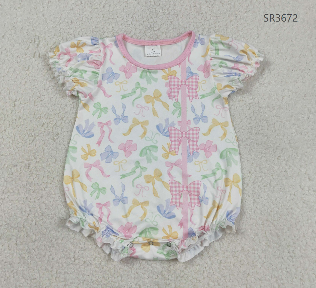 Baby Girls Infant Short Sleeves Colorful Bows Bubble Romper RTS