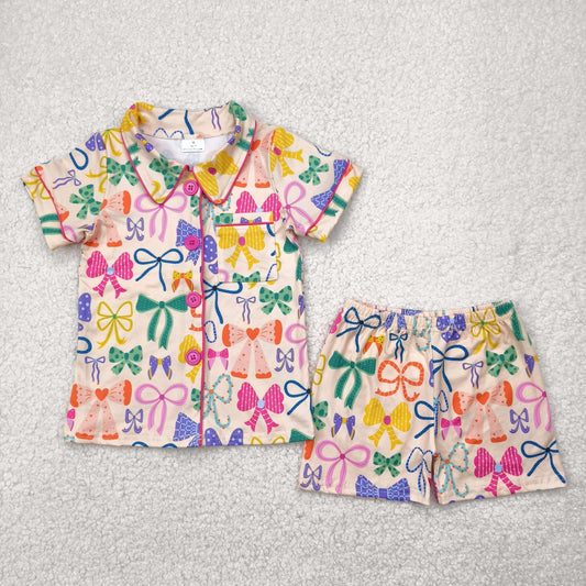 Baby Girl Short Sleeves Colorful Bows Buttons Pocket Shirt Shorts Pajamas Set RTS