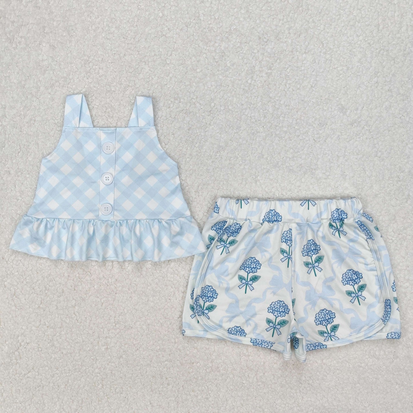 Baby Girl Straps Dots Blue Tops Flower Bows Shorts Set RTS