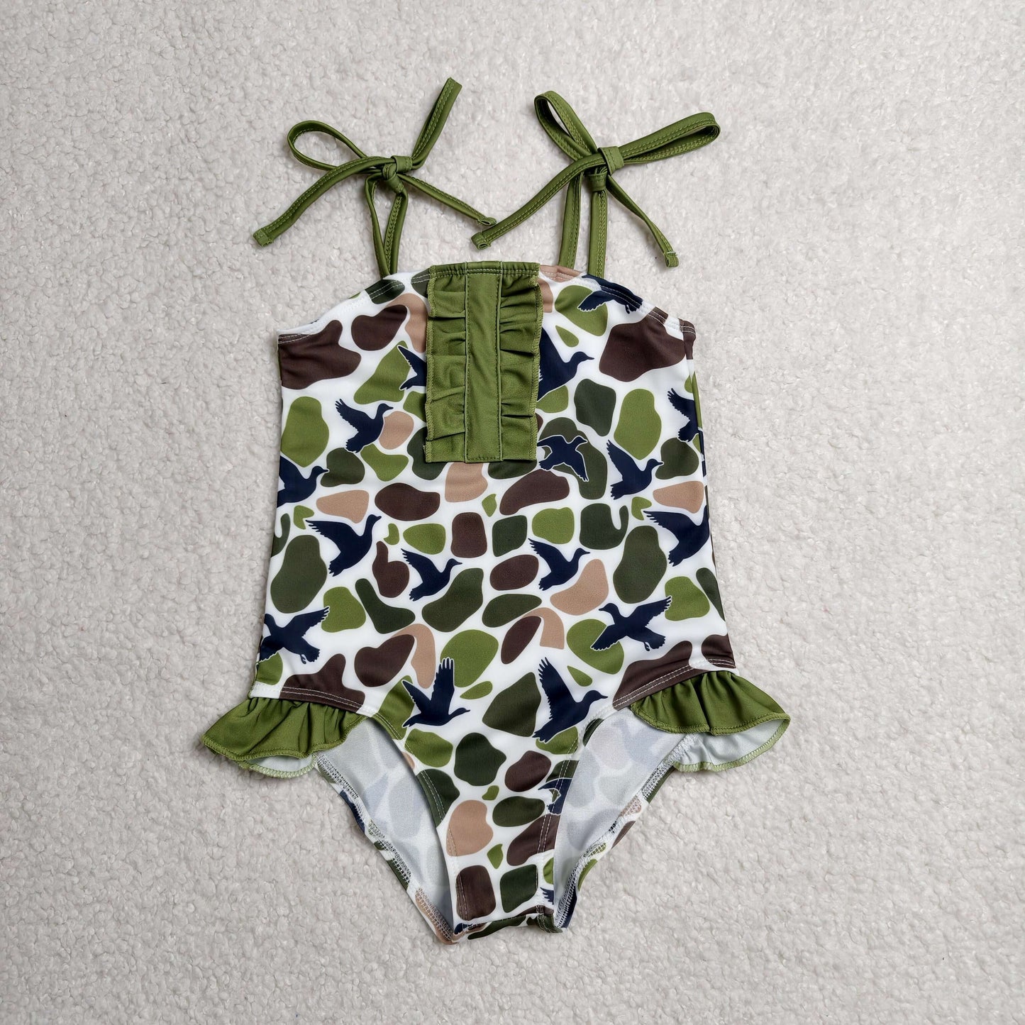 Baby Girls Kids Stripes Ducks Camo Green Ruffle One-piece Swimsuit Summer Clothes RTS