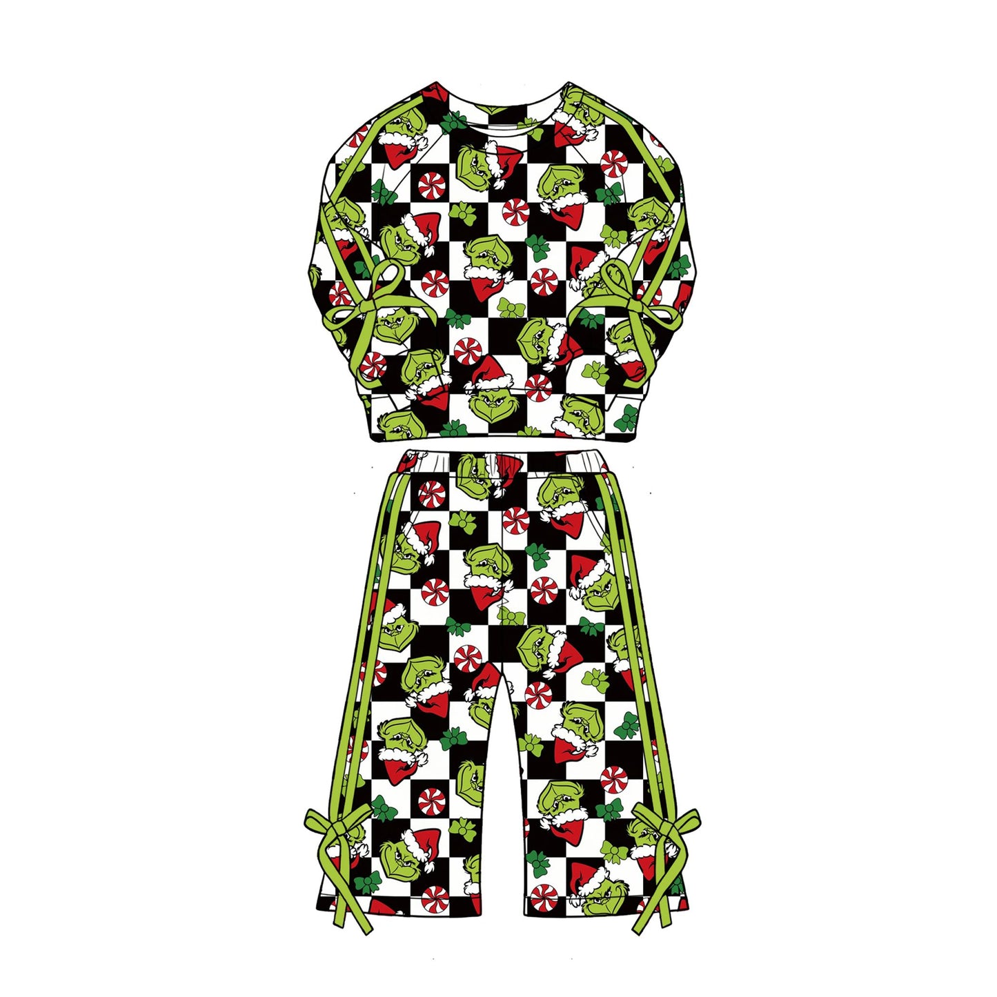 ( Moq 5 ) Preorder Baby Girls Kids Christmas Green Face Bows Shirt Pockets Pants Set Clothes