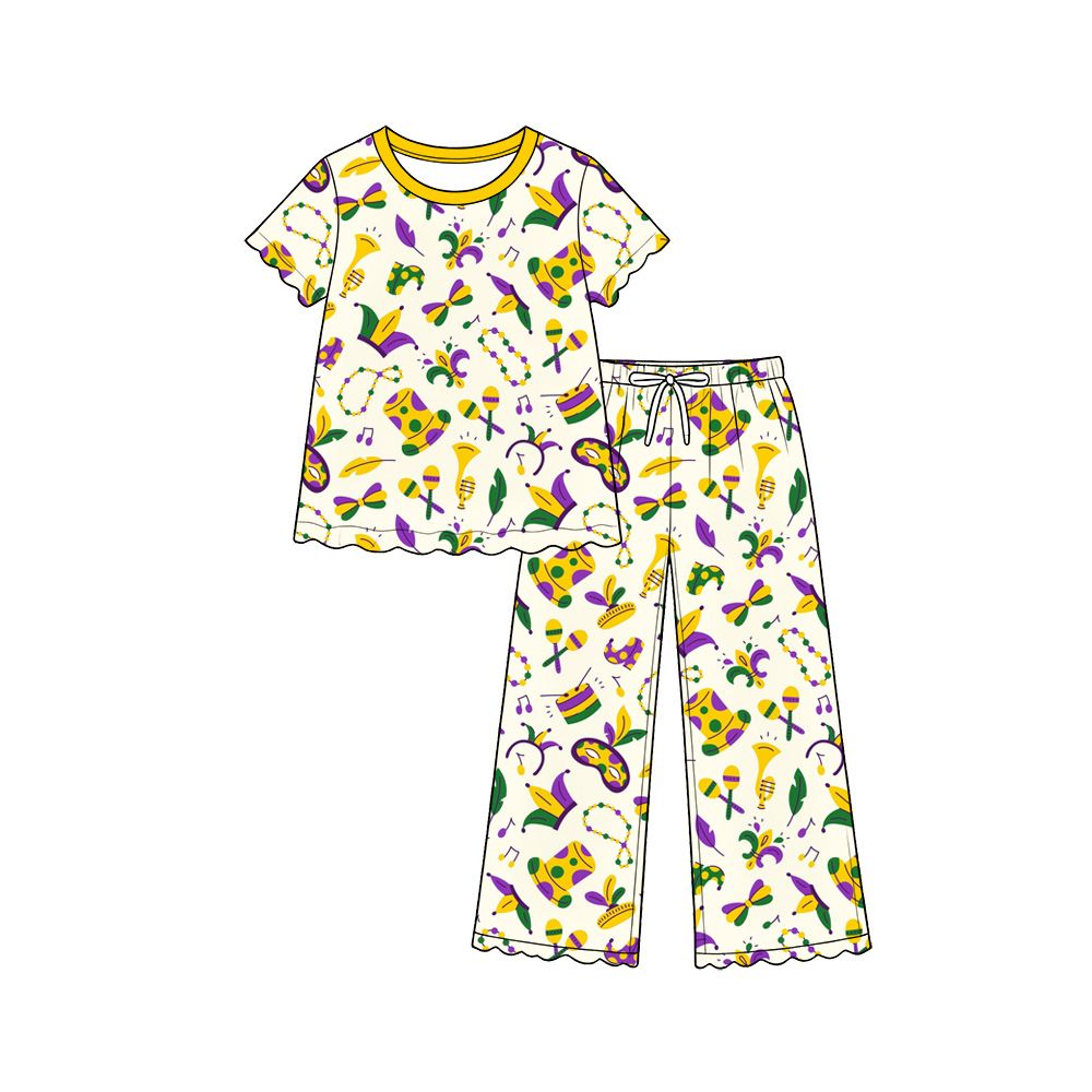 ( Moq 5 ) Preorder Baby Girls Kids Short Sleeves Hats Shirt Scallop Pants Mardi Gras Set Clothes