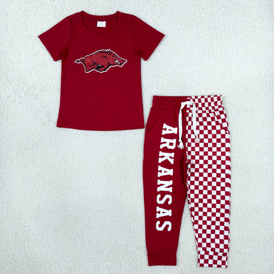 Baby Boys Kids Short Sleeves Pig Shirt Purple Checked Pockets Pants Team Set Clothes RTS