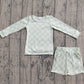 Baby Kids Toddler Long Sleeves Light Green Checked Tops Pockets Shorts Clothes Set RTS