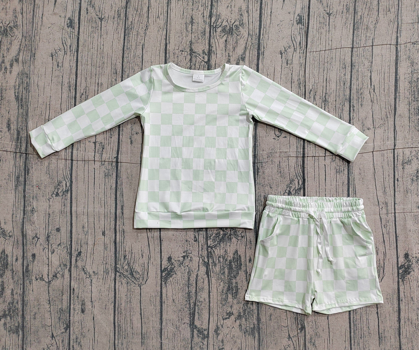 Baby Kids Toddler Long Sleeves Light Green Checked Tops Pockets Shorts Clothes Set RTS