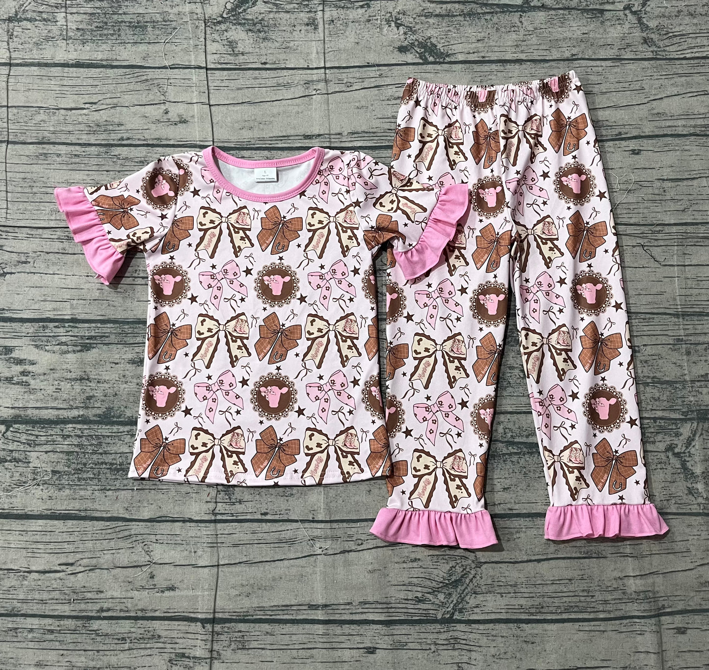 Baby Girls Short Sleeves Bows Boots Shirt Pants Western Pajamas Set RTS