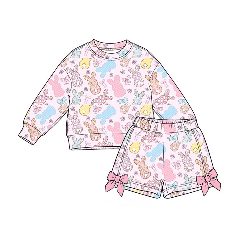 ( Moq 5 ) Preorder Baby Girls Kids Long Sleeves Rabbits Bows Shirt Shorts Pink Set Easter Clothes
