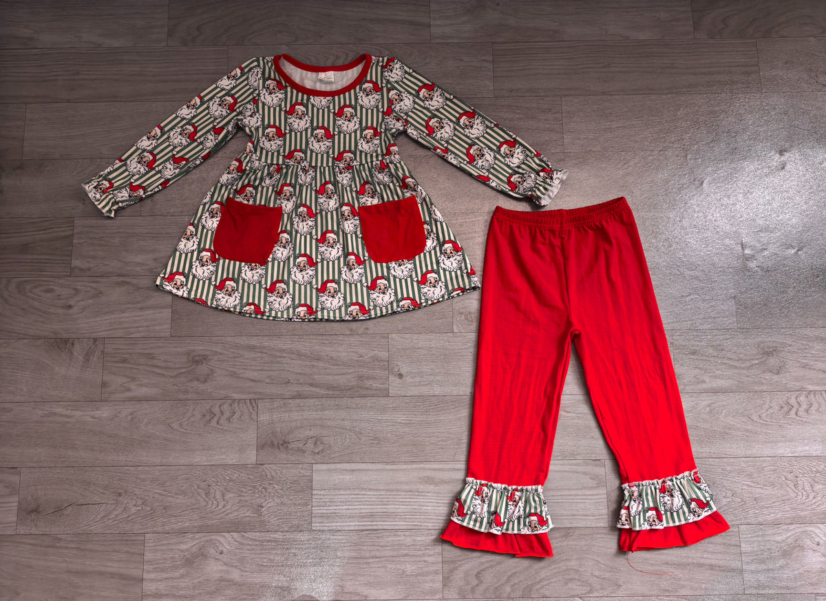( No moq ) Preorder Baby Girl Kids Christmas Santa Stripes Pockets Tunic Red Ruffle Pants Set Clothes