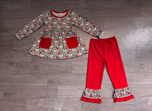 ( No moq ) Preorder Baby Girl Kids Christmas Santa Stripes Pockets Tunic Red Ruffle Pants Set Clothes