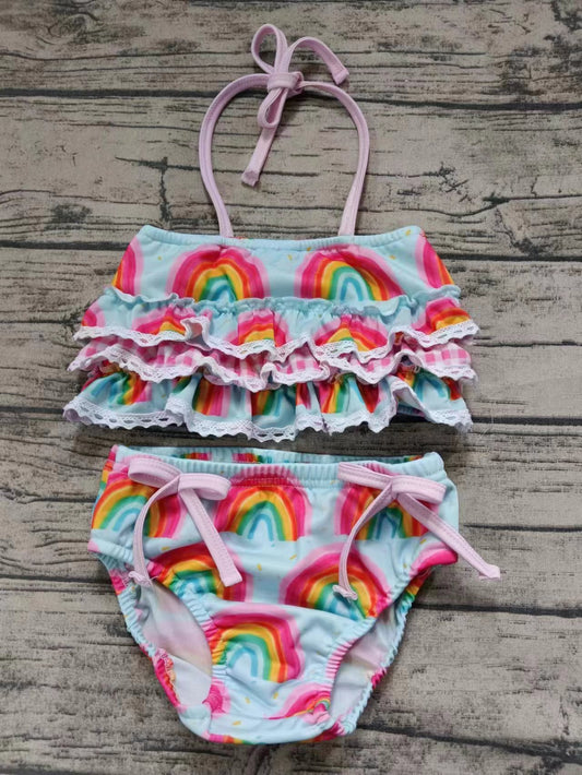 Moq 5 Baby Girl Bathing Suit Sleeveless Ruffle Tops Rainbow Shorts Set Swimsuit