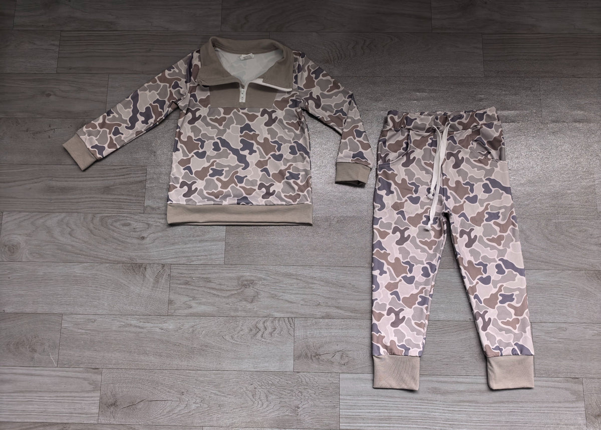 ( No moq ) Preorder Baby Boys Kids Long Sleeves Grey Camo Print Zipper Pullover Pockets Pants Set Clothes