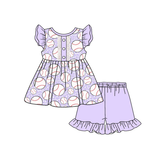 Baby Girl Toddler Short Sleeves Baseball Leopard Tunic Purple Shorts Clothes Set Moq 5 (11.30)