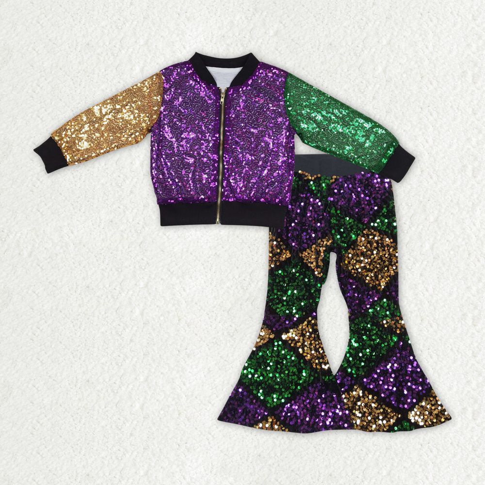 GLP1159 Baby Girl Mardi Gras Long Sleeves Zipper Coat Sequins Bell Pants Set