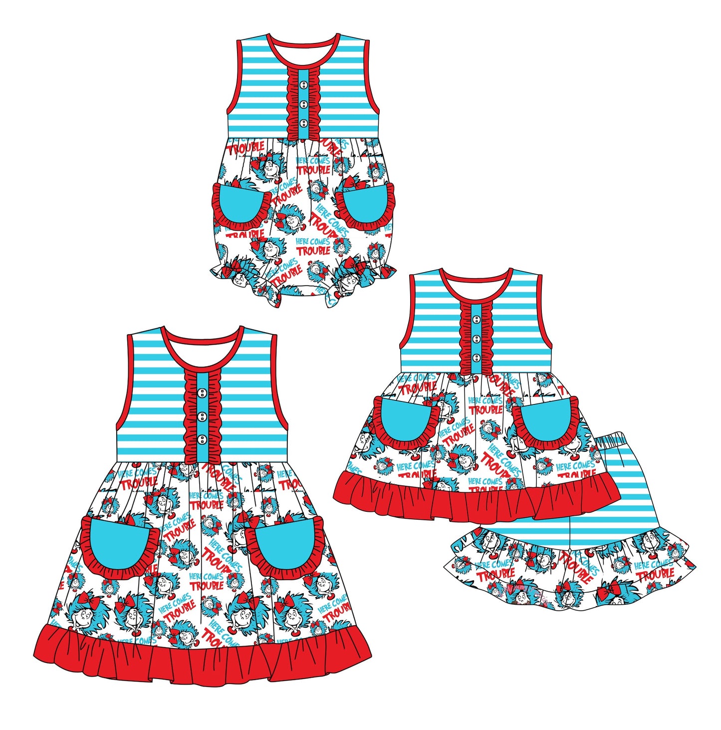 Baby Girl Sleeveless Reading Pockets Sibling Dress Romper Set ( Moq 5 Each Style ) 12.16