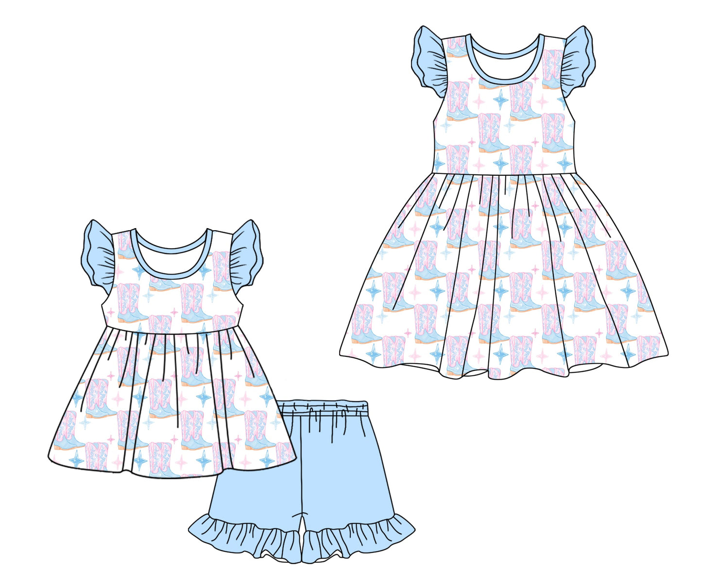 Baby Girl Short Sleeves Western Boots Sibling Dress Set ( Moq 5 Each Style ) 1.16