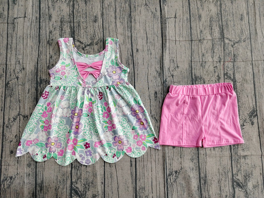 ( No moq ) Preorder Baby Girls Kids Sleeveless Flower Bows Tops Pink Shorts Summer Set