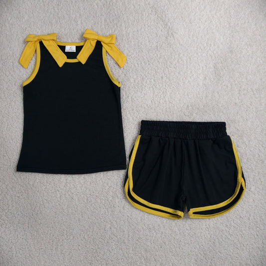 Baby Girls Kids Yellow Bows Shirt Shorts Black Cotton Set Summer Clothes RTS