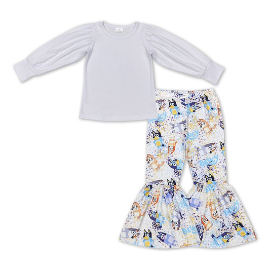 GLP1109 Baby Girl White Long Sleeves Shirt Dogs Bell Pants Set