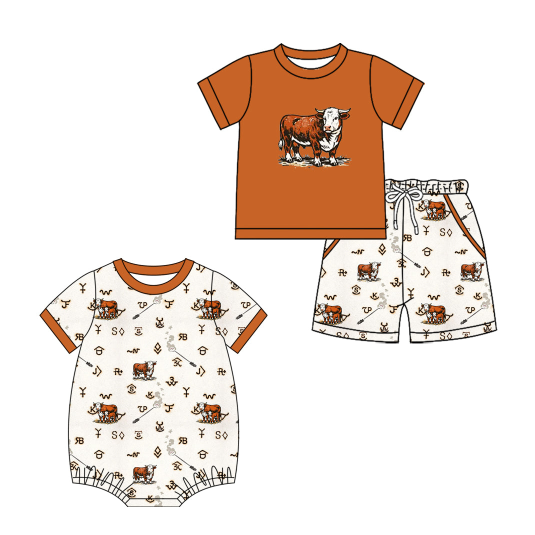 ( Moq 5 Each Style ) Sibling Baby Boys Kids Short Sleeves Western Cow Shirt Pockets Shorts Brown Set Romper