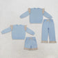Sibling Baby Girls Kids Long Sleeves Shirts Pockets Shorts Pants Cotton Blue Sets Clothes RTS