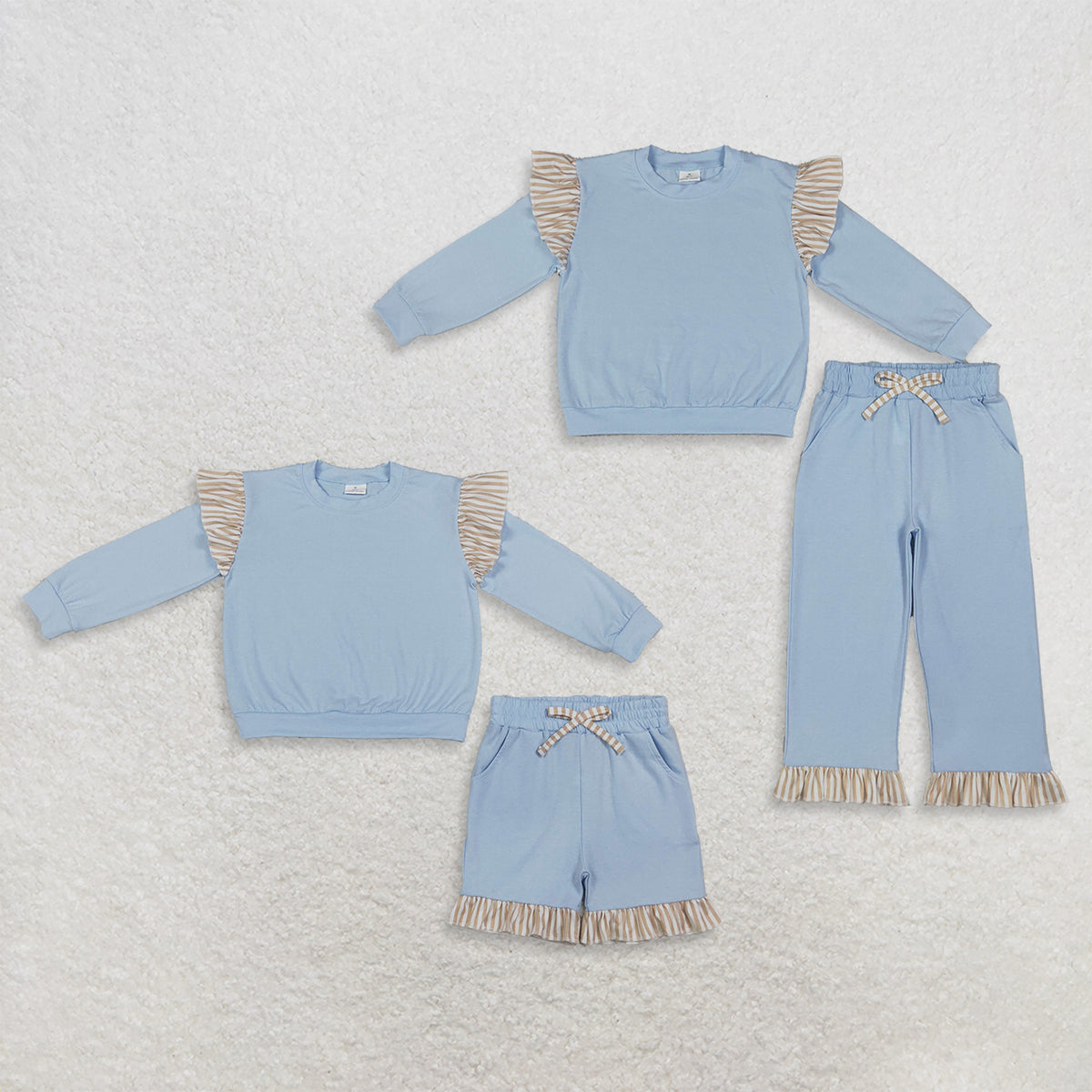 Sibling Baby Girls Kids Long Sleeves Shirts Pockets Shorts Pants Cotton Blue Sets Clothes RTS