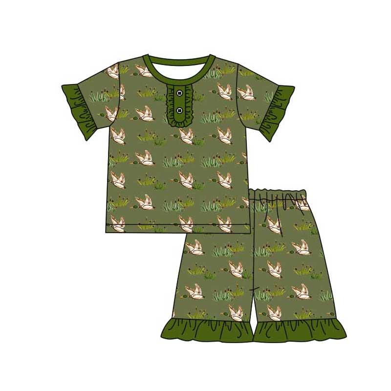 Baby Girl Green Short Sleeves Ducks Shirt Ruffle Shorts Pajamas Set Moq 5