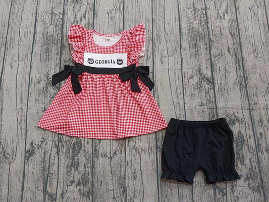 ( Moq 5  ) Girls Kids Short Sleeves Dogs Bows Plaid Tunic Black Ruffle Shorts Team Set