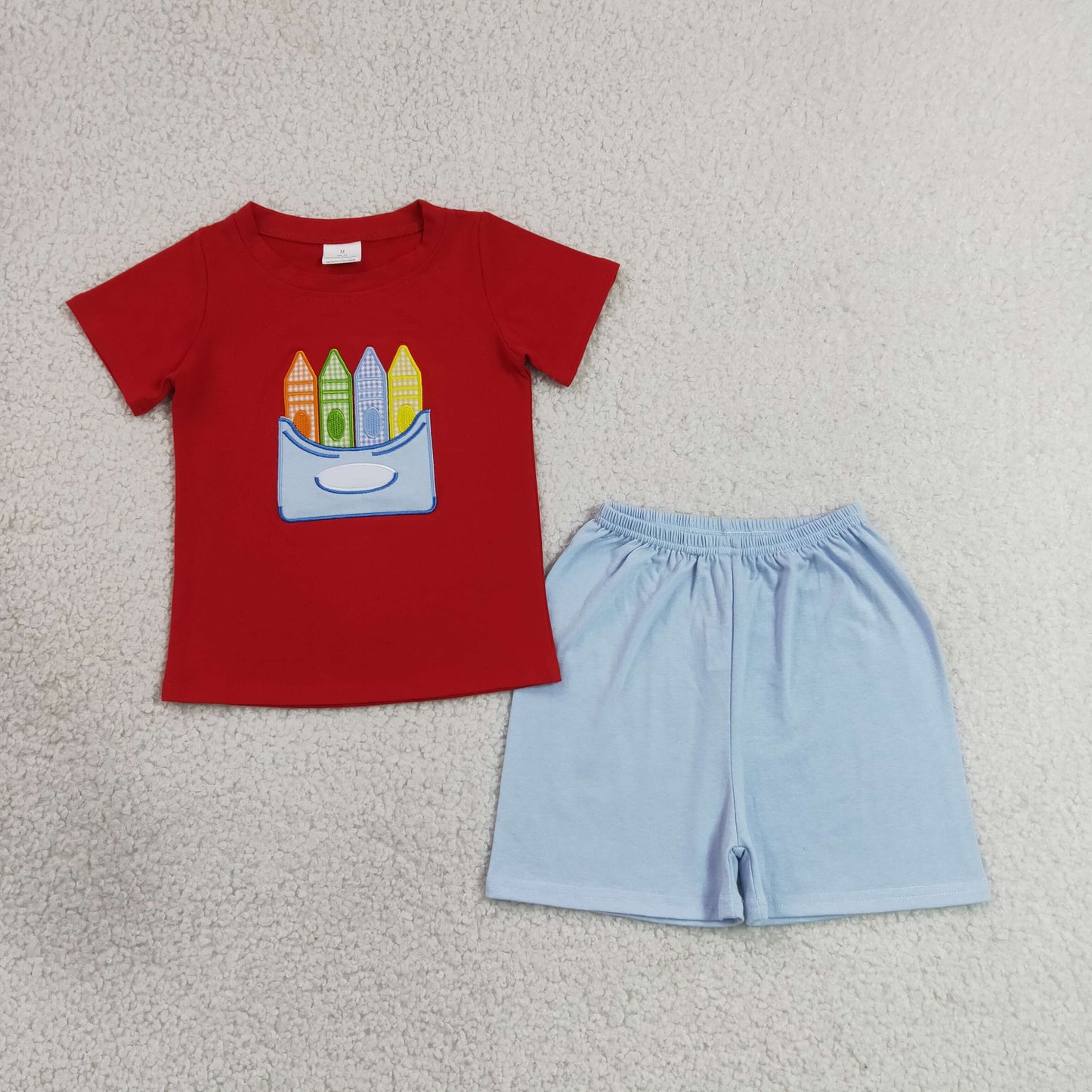 Baby Boys Kids Embroidery Pencil Red Shirt Shorts Back to School Set RTS