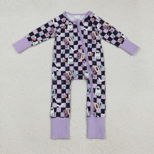 Baby Girl Long Sleeves Ghost Candy Plaid Halloween Purple Zipper Romper RTS