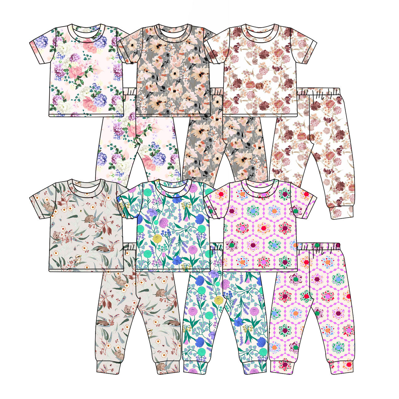 ( Moq 5 Each Style ) Sibling Baby Girls Kids Short Sleeves Flower Shirts Pants Sets Pajamas Clothes
