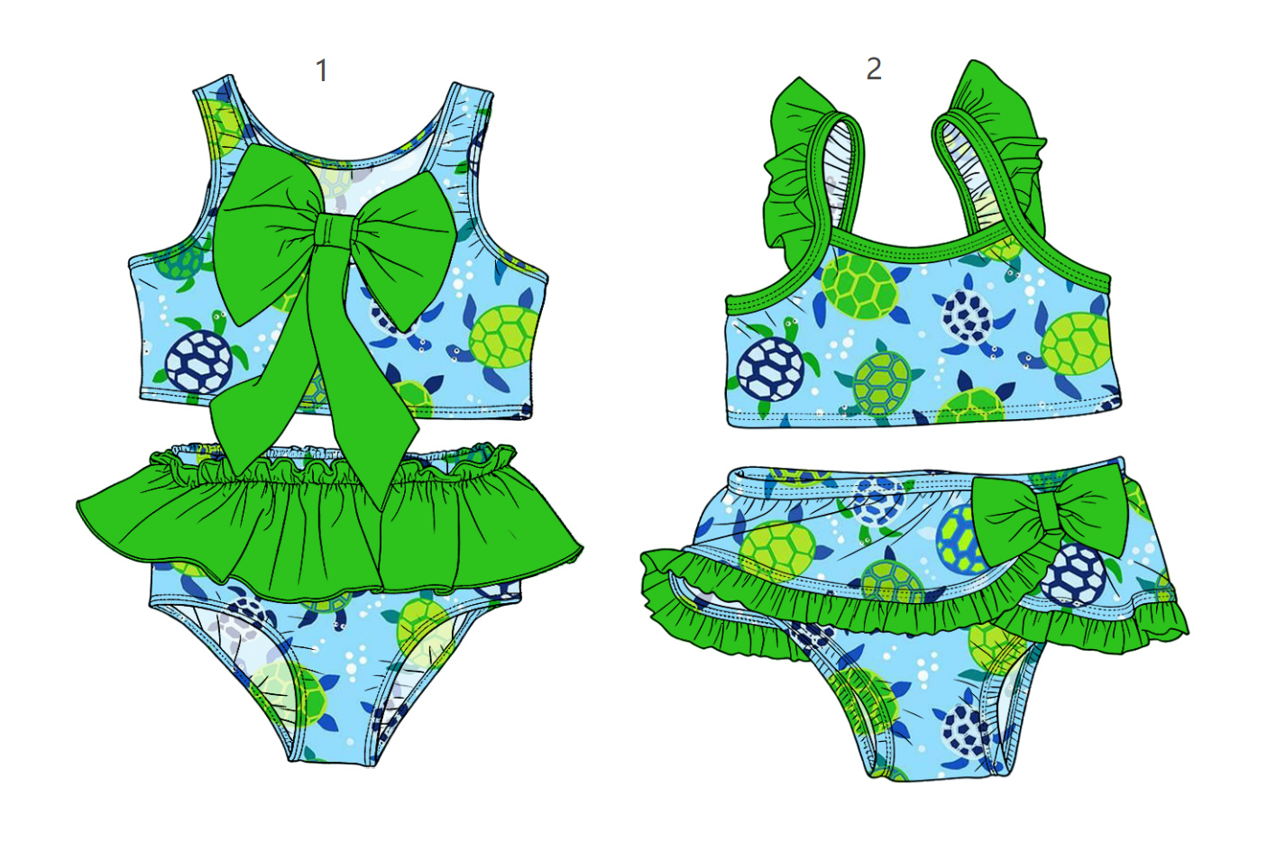 ( Moq 5 Each Style ) Sibling Baby Girls Kids Summer Tops Ruffle Shorts Green Bows Sets Swimsuits