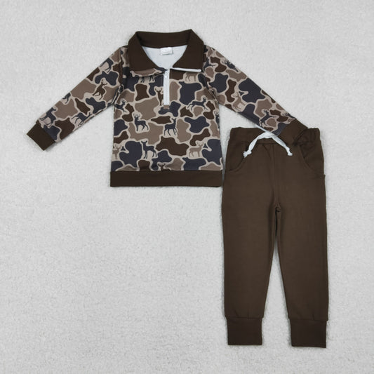 Boys Kids Long Sleeves Deer Camo Zipper Pullover Pockets Pants Clothes Set RTS