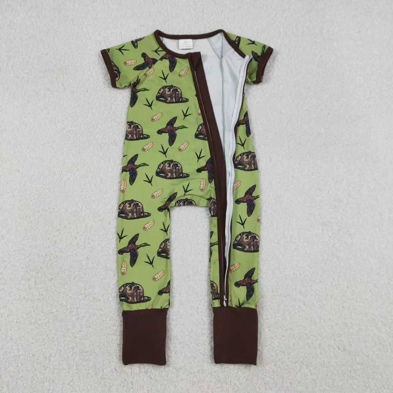 Sibling Baby Boys Short Sleeves Ducks Camo Hats Hunting Green Zipper Romper Outfit Pajamas  RTS