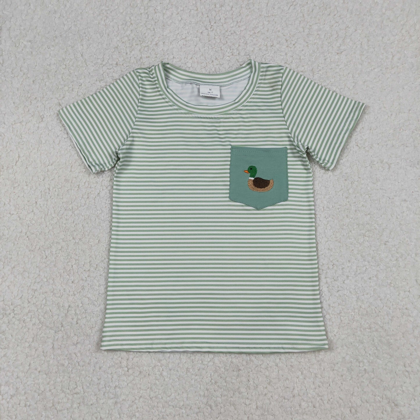 Sibling Baby Boys Kids Short Sleeves Embroidery Duck Pocket Green Stripes Romper Shirt RTS