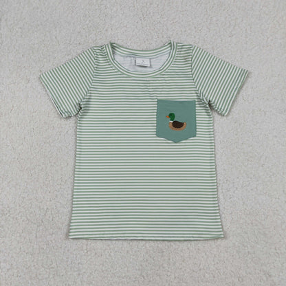 Sibling Baby Boys Kids Short Sleeves Embroidery Duck Pocket Green Stripes Romper Shirt RTS